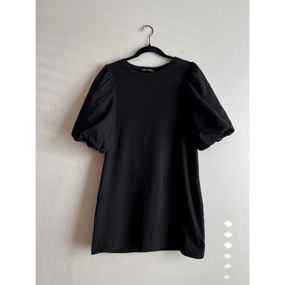 ZARA Black Puff Balloon Sleeve Sweatshirt Shift Mini Dress Size‎ S
